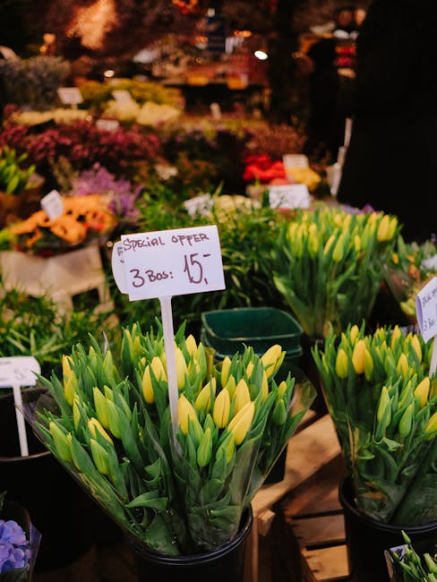 A display of fresh yellow tulips arranged in tall, clear glass vases at a flower market. The tulips have vibrant yellow petals and green stems, some with unopened buds, and appear freshly cut with smo