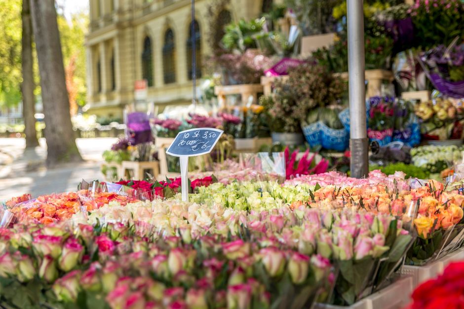 A vibrant outdoor flower stall managed by floristmayfair.org.uk, displaying an extensive selection of fresh floral bouquets arranged in clear wrapping. The flowers include roses in shades of pink, pea